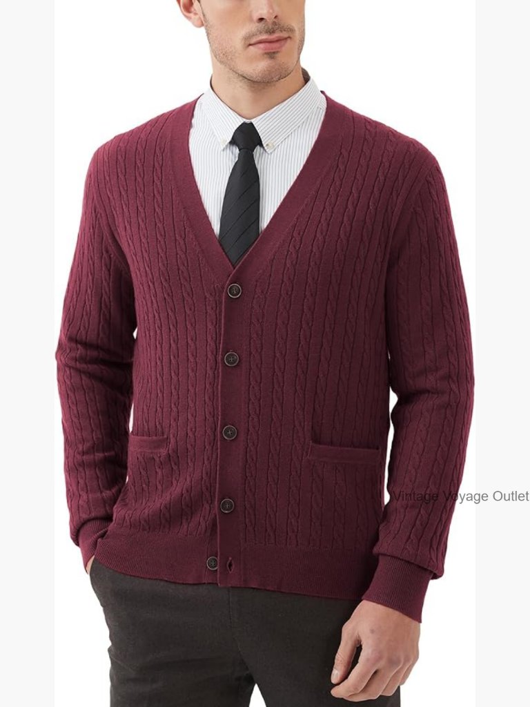 Men's Wool Blend Cable Knit V Neck Cardigan With Pockets